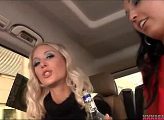 Blonde and brunette babes take on a horny amateur in their fuck bus